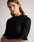 KATELLA-Knitwear-Made of stretchy knit, KATELLA is the perfect statement top to take you from season to season in style. With an oh-so-cute ruffle trim and a super soft feel, this fitted top is sure to become your new go-to. Ted Baker womenswear collection Fitted top Stretch fabric High neck Neck ruffle Ribbed knit Short sleeves with ruffle trim Amy is 5'9.5" / 1.77m and wears Black in a Ted size 1- Ted Baker Romania